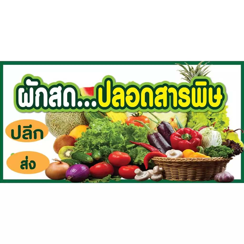 ป้ายไวนิลขายผักสด ผักปลอดสาร ผักออแกนิค แนวนอน ตั้ พิมพ์ 1 ด้าน เจาะรูตาไก่ฟรี 4 มุม…