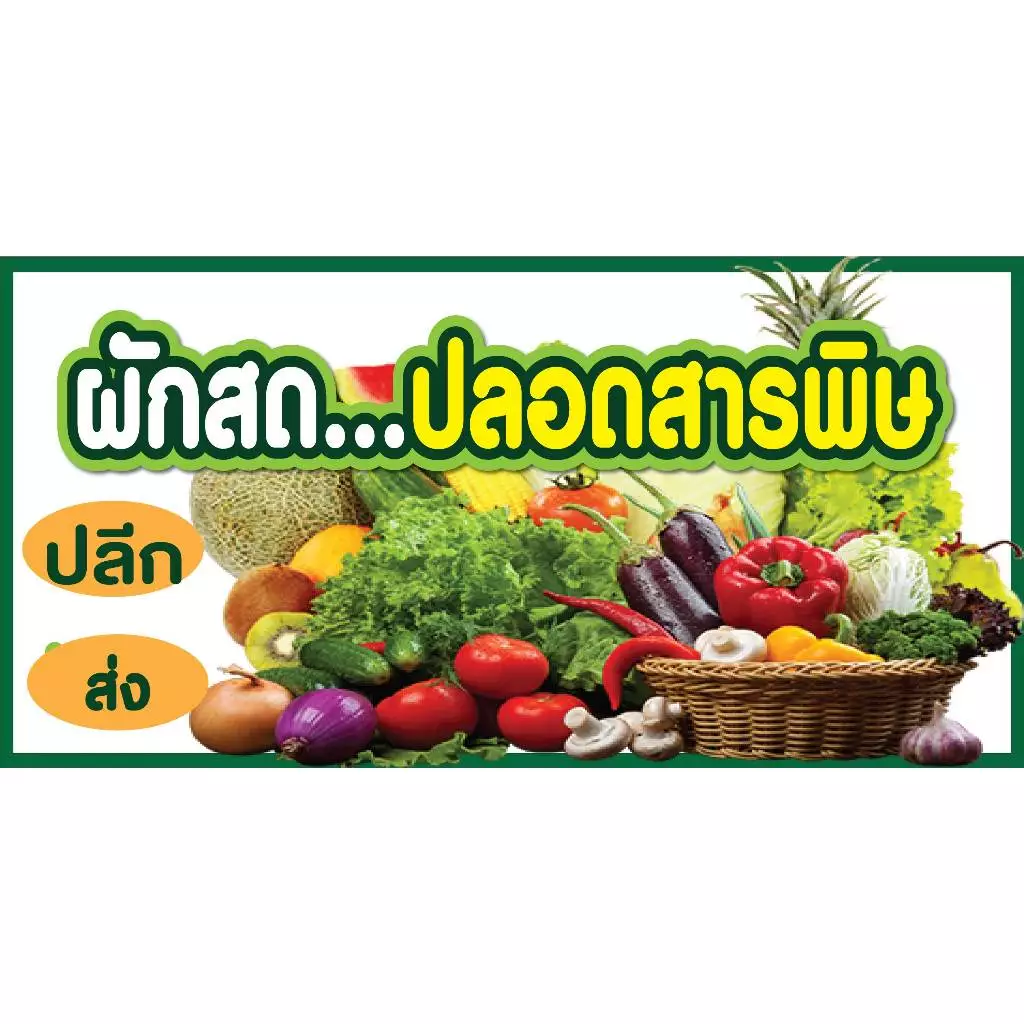 ป้ายไวนิลขายผักสด ผักปลอดสาร ผักออแกนิค แนวนอน ตั้ พิมพ์ 1 ด้าน เจาะรูตาไก่ฟรี 4 มุม ลูกค้าเลือกขนาดได้ที่ตัวเลือกสินค้า