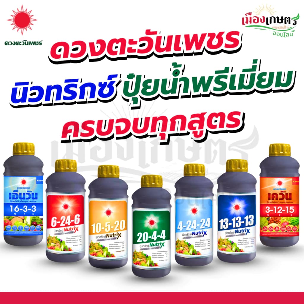 ปุ๋ยน้ำ สูตร ดวงตะวันเพชร 1 ลิตร สูตรบำรุงดอก ผล ขยายดอก เพิ่มขนาด เพิ่มความหวาน เร่งหวาน เร่ง ทุเรียน มัน อ้อย ข้าวโพด