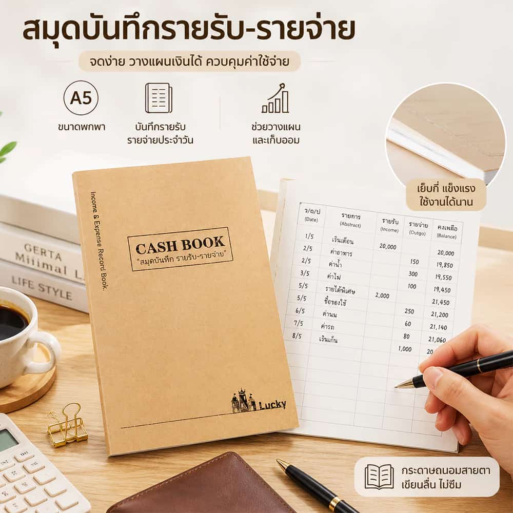 สมุดบันทึกรายรับรายจ่าย Cash Book A5 สมุดบัญชีรายรับรายจ่าย บันทึกค่าใช้จ่าย วางแผนการเงิน…