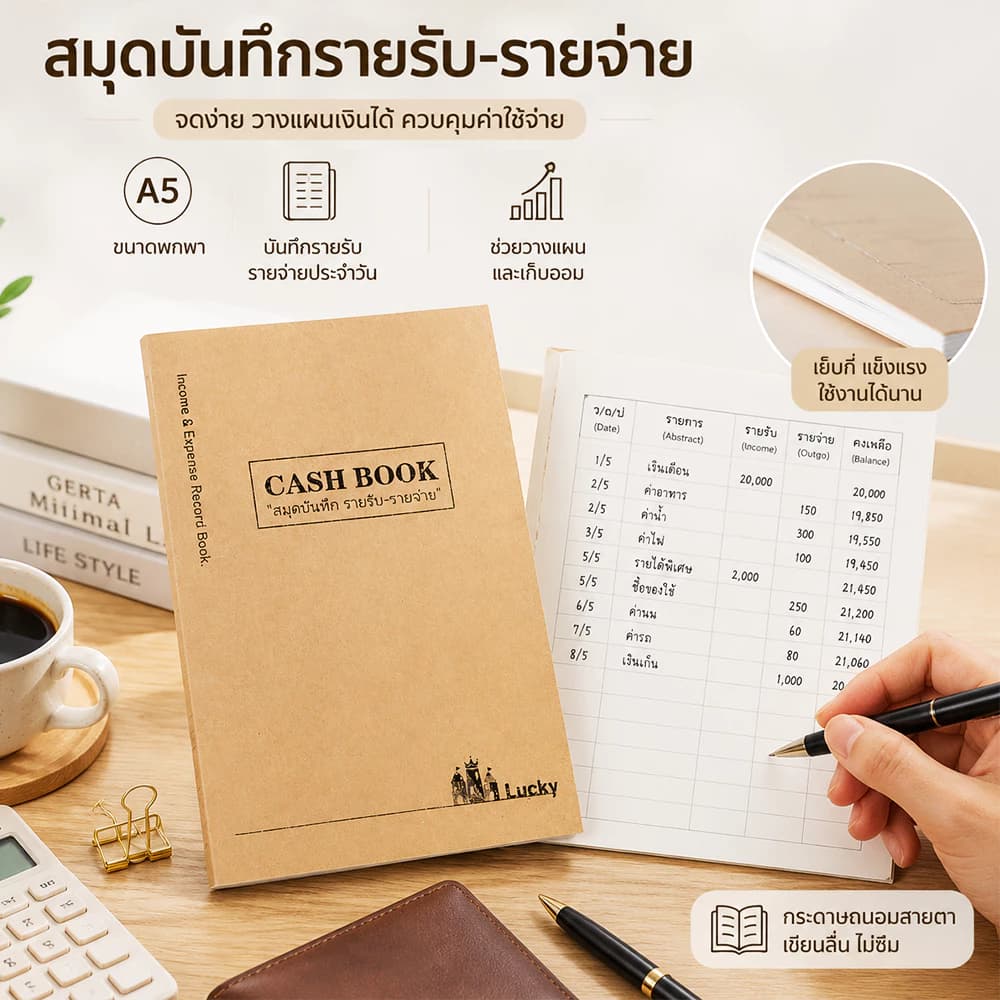 สมุดบันทึกรายรับรายจ่าย Cash Book A5 สมุดบัญชีรายรับรายจ่าย บันทึกค่าใช้จ่าย วางแผนการเงิน สมุดจดบัญชี เย็บเล่มแข็งแรง