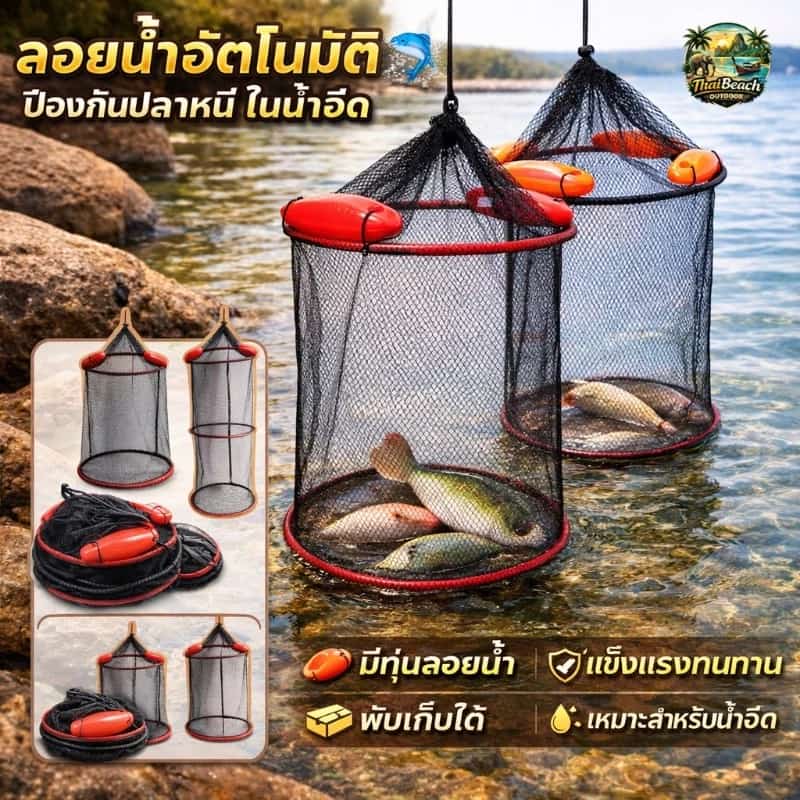 กระชังตกปลา อุปกรณ์ตกปลา กระชังใส่กุ้งใส่ปลา กระชังปลา พับเก็บได้ มีทุ่นลอยน้ำ แข็งแรงทนทาน