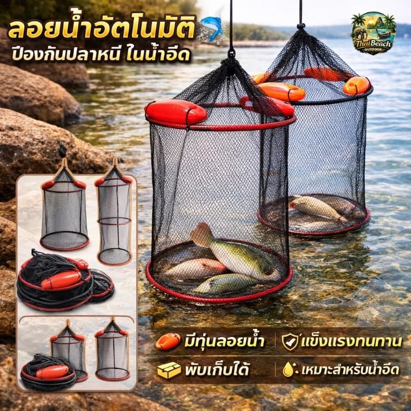 กระชังตกปลา อุปกรณ์ตกปลา กระชังใส่กุ้งใส่ปลา กระชังปลา พับเก็บได้ มีทุ่นลอยน้ำ แข็งแรงทนทาน