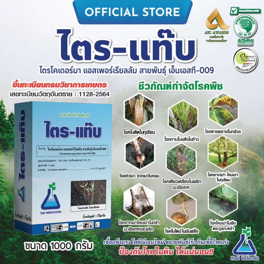 ไตร-แท๊บ (ไตรโครเดอร์มา) จาก ทีเอบี ไตรโคเดอร์มา กำจัดโรครากเน่า โคนเน่า จากเชื้อราไฟทอปธอร่า ในทุเรียน ไตรแท๊บ