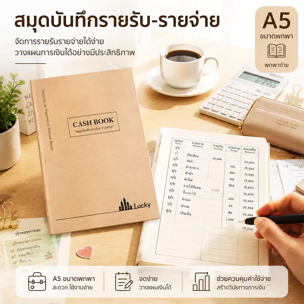 สมุดบันทึกรายรับรายจ่าย Cash Book A5 สมุดบัญชีรายรับรายจ่าย บันทึกค่าใช้จ่าย วางแผนการเงิน สมุดจดบัญชี เย็บเล่มแข็งแรง