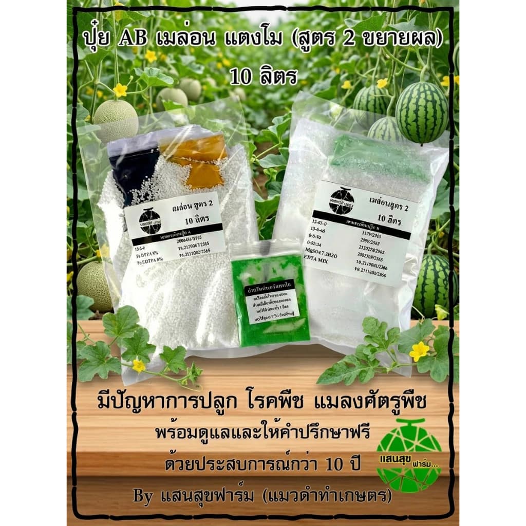 ปุ๋ย AB เมล่อน แตงโม แตงกวาญี่ปุ่น สูตร 2 (ขยายผล) 1 ชุด ใช้ขยายผลช่วง 35-70 วัน 1 ชุดใช้ได้จำนวน 20 ต้น